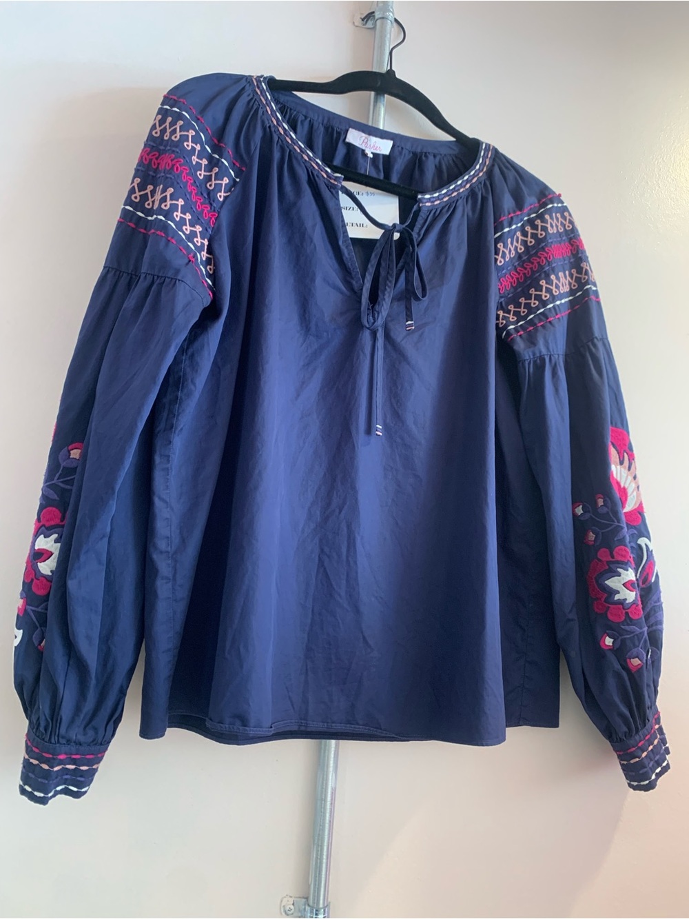 233 Parker Navy Peasant Blouse with Pink Embroidery